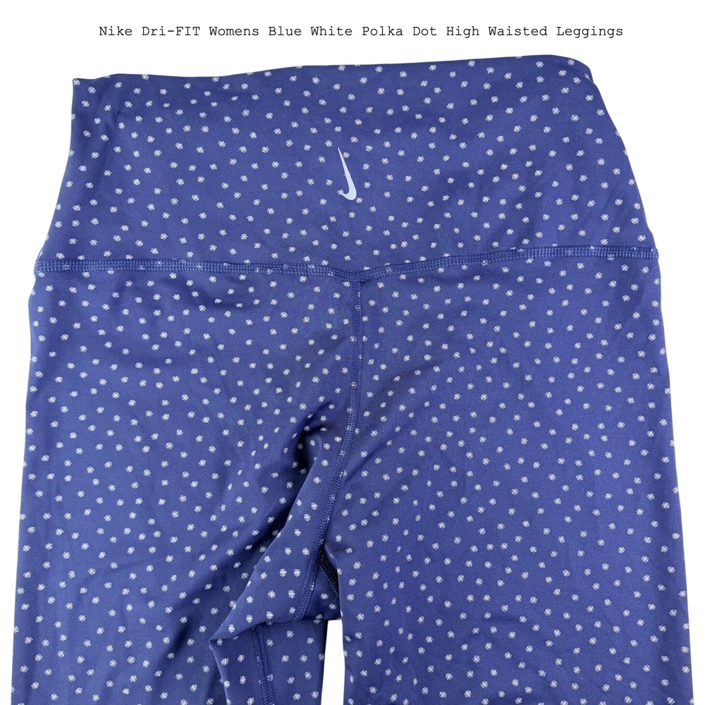 Nike Dri-FIT Womens Blue White Polka Dot High Waisted Leggings Size‎ L 24 Inseam